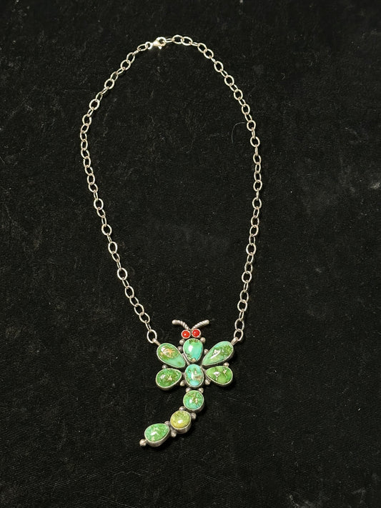 LOT 2 1/12 Sonoran Gold Turquoise and Red Coral Dragonfly Necklace by Andrew James, Navajo