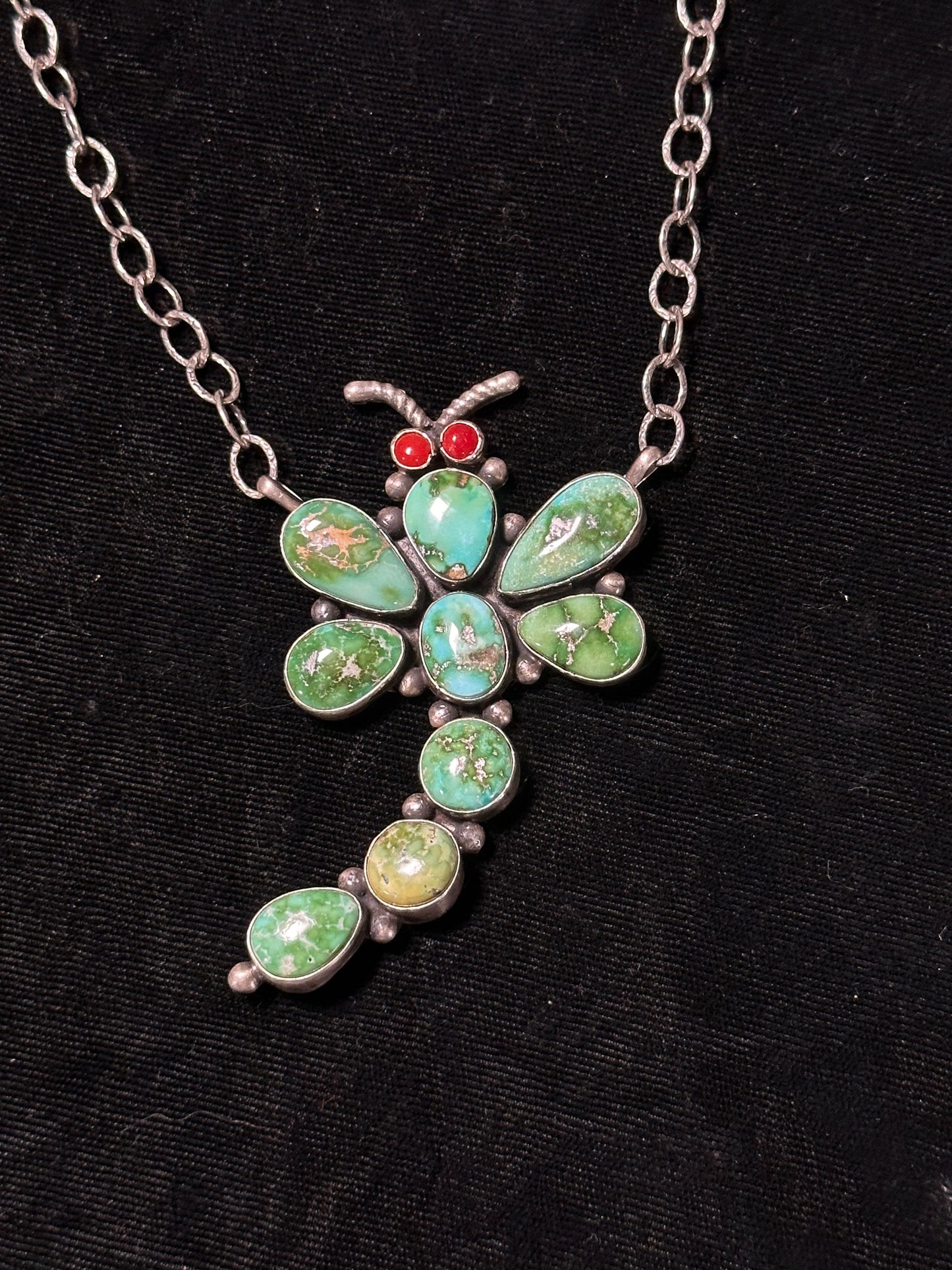 LOT 2 1/12 Sonoran Gold Turquoise and Red Coral Dragonfly Necklace by Andrew James, Navajo