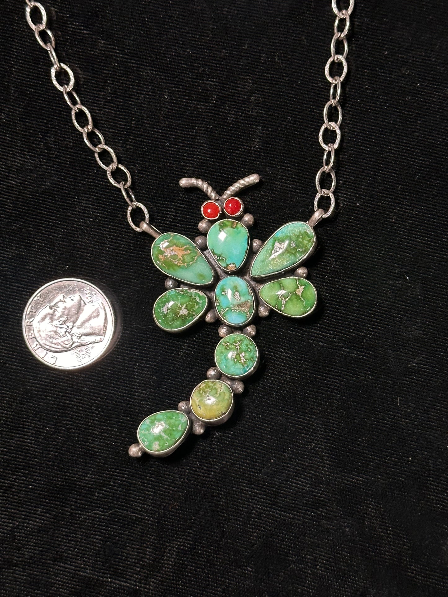 LOT 2 1/12 Sonoran Gold Turquoise and Red Coral Dragonfly Necklace by Andrew James, Navajo