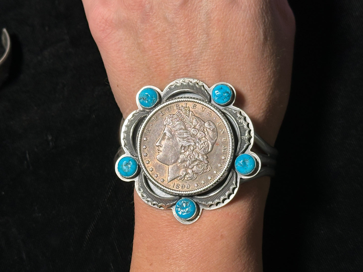 6"-7" 1890 Morgan Silver Dollar and Sleeping Beauty Turquoise Cuff Bracelet