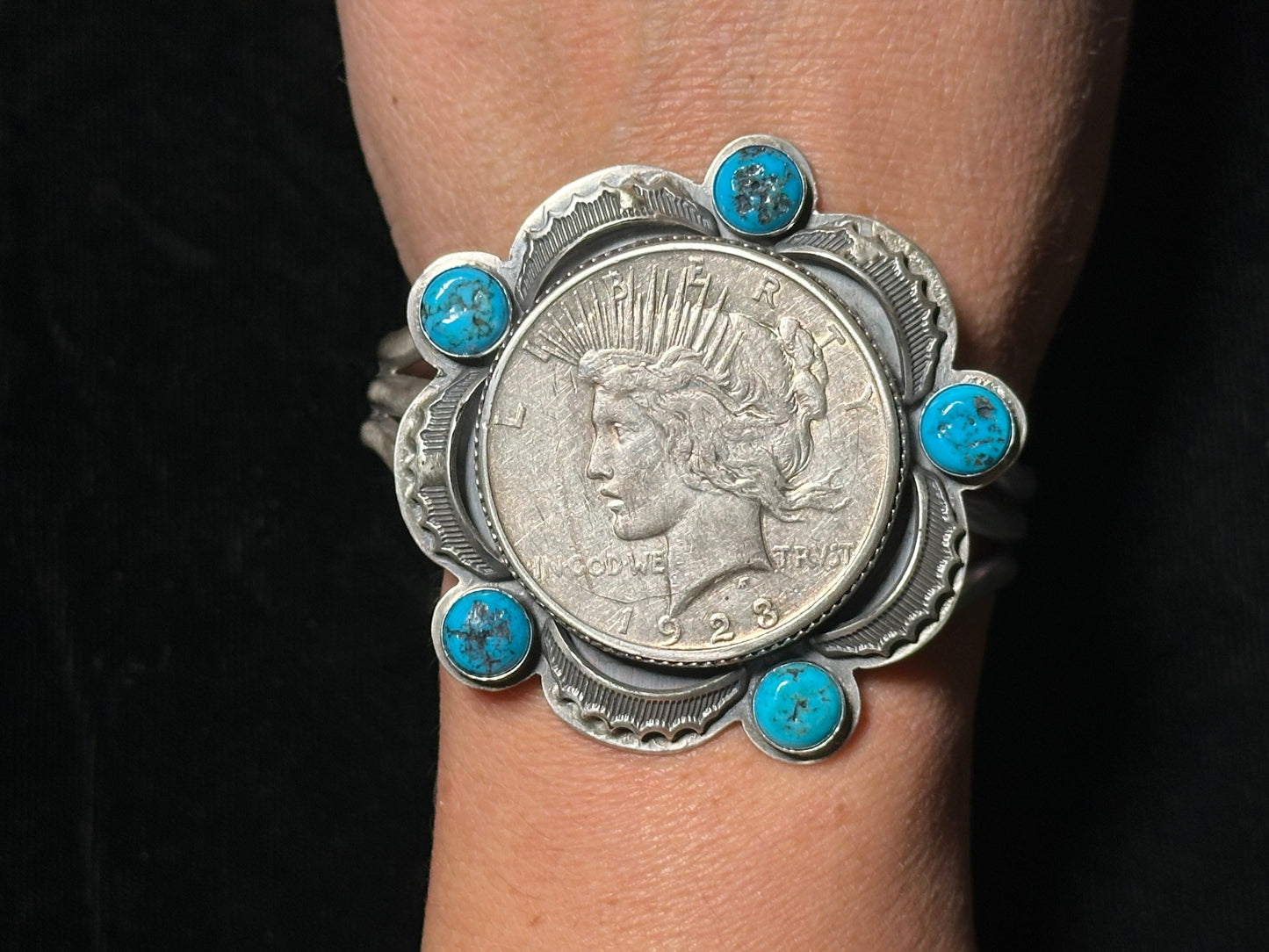 6"-7" 1923 Peace Silver Dollar and Sleeping Beauty Turquoise Cuff Bracelet