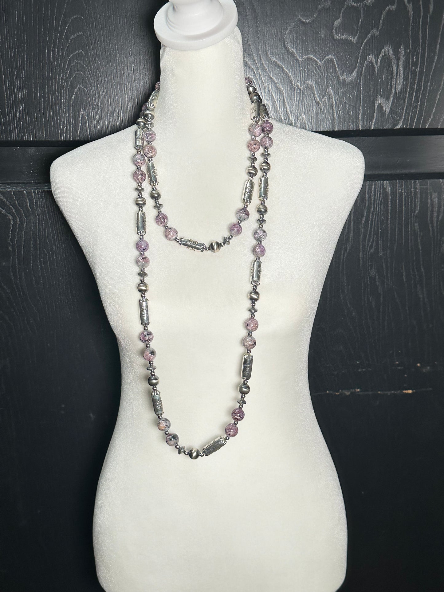 64" 13mm Pearls and Charoite Necklace