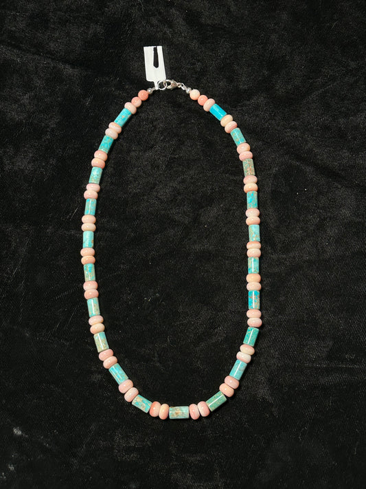 18" Pink Conch Shell and Blue Magnesite Necklace
