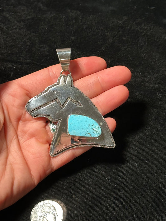Sterling Silver Horse Pendant with Morenci Turquoise Stone by Marie Jackson, Navajo