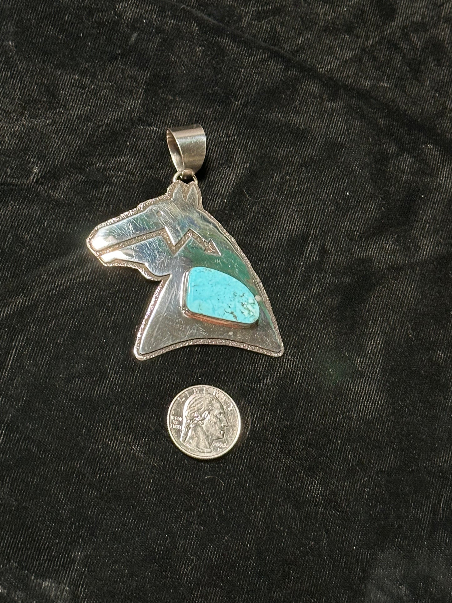 Sterling Silver Horse Pendant with Morenci Turquoise Stone by Marie Jackson, Navajo