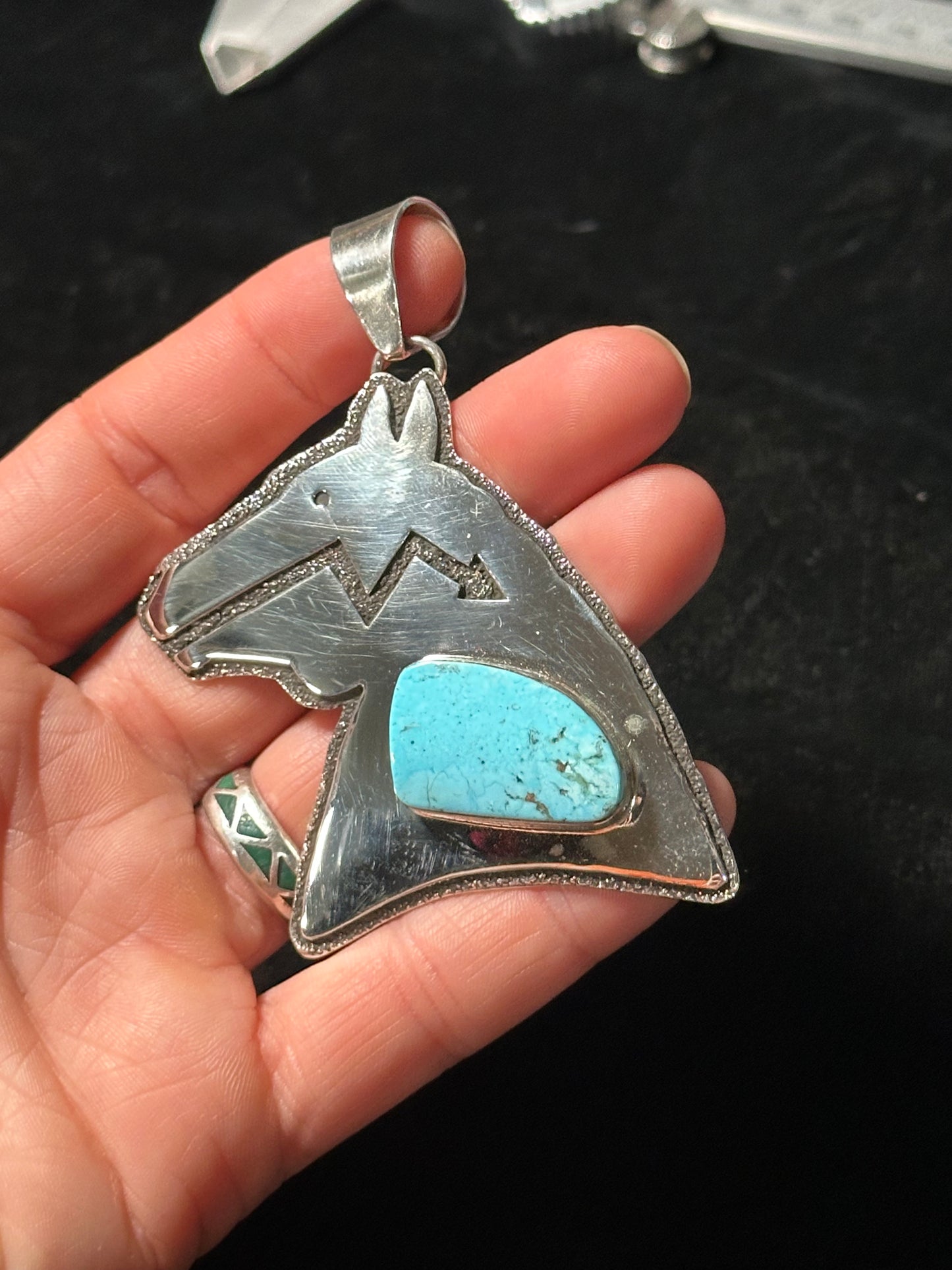 Sterling Silver Horse Pendant with Morenci Turquoise Stone by Marie Jackson, Navajo