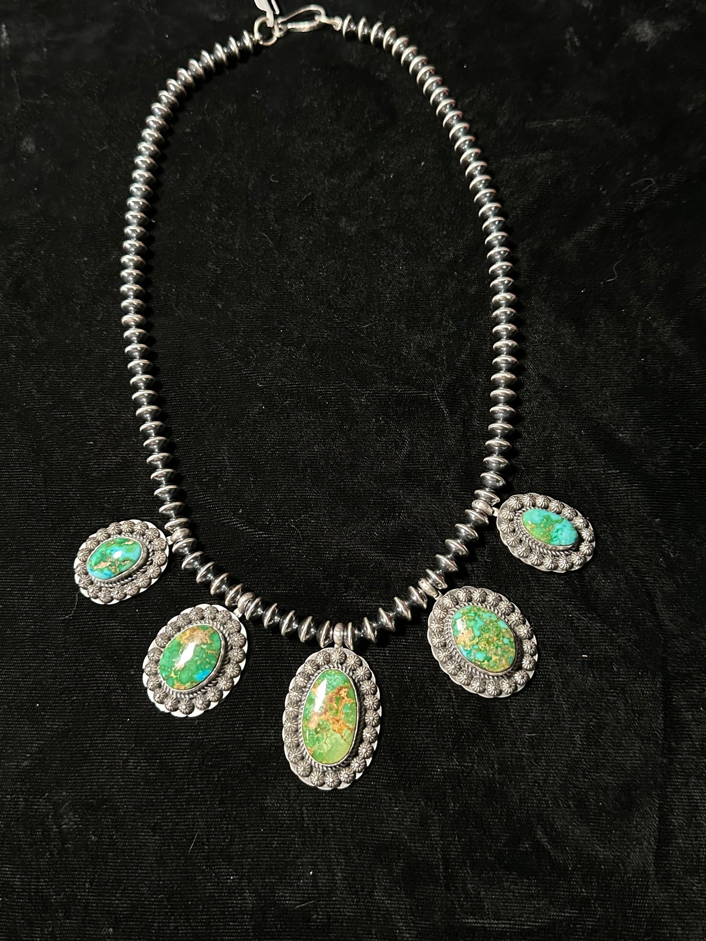 Sonoran Gold Turquoise on 21" 8mm Sterling SIlver Navajo Saucers