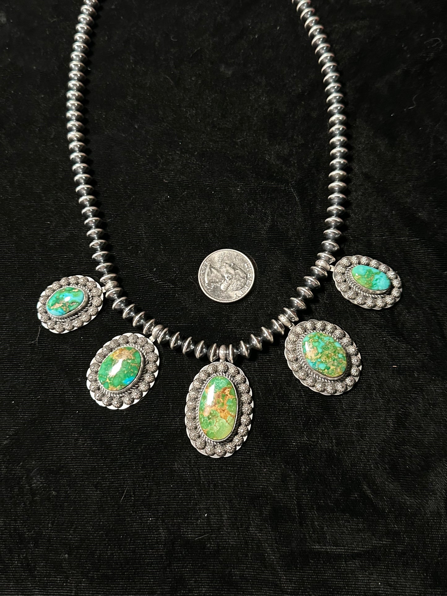 Sonoran Gold Turquoise on 21" 8mm Sterling SIlver Navajo Saucers