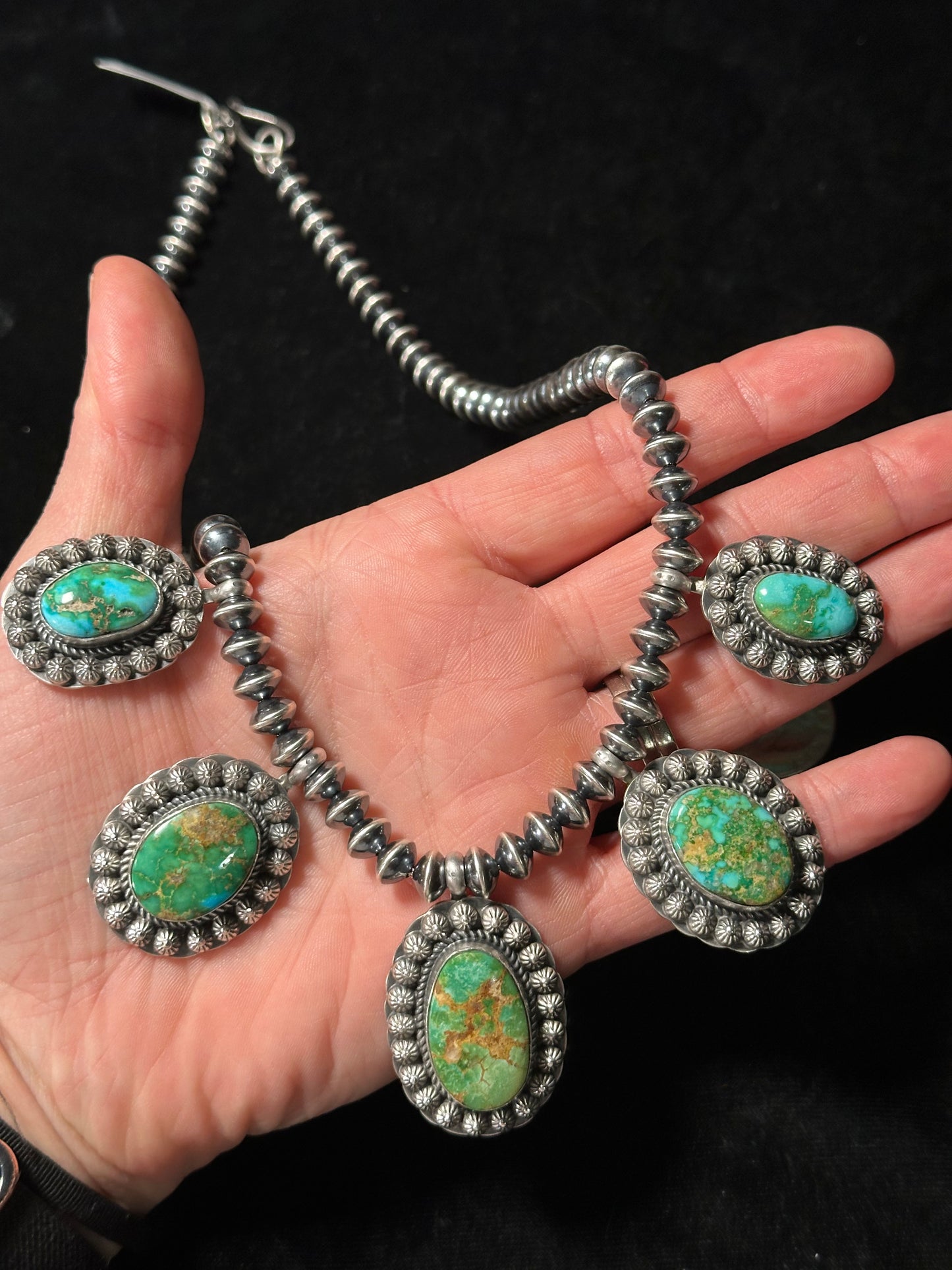 Sonoran Gold Turquoise on 21" 8mm Sterling SIlver Navajo Saucers