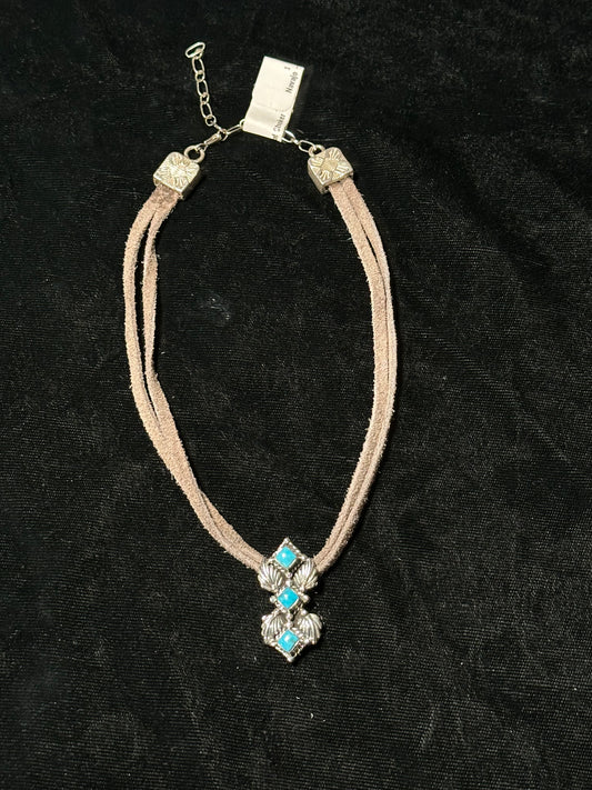 12" Suede Chain with Sleeping Beauty Turquoise Pendent by Loretta Delgarito, Navajo