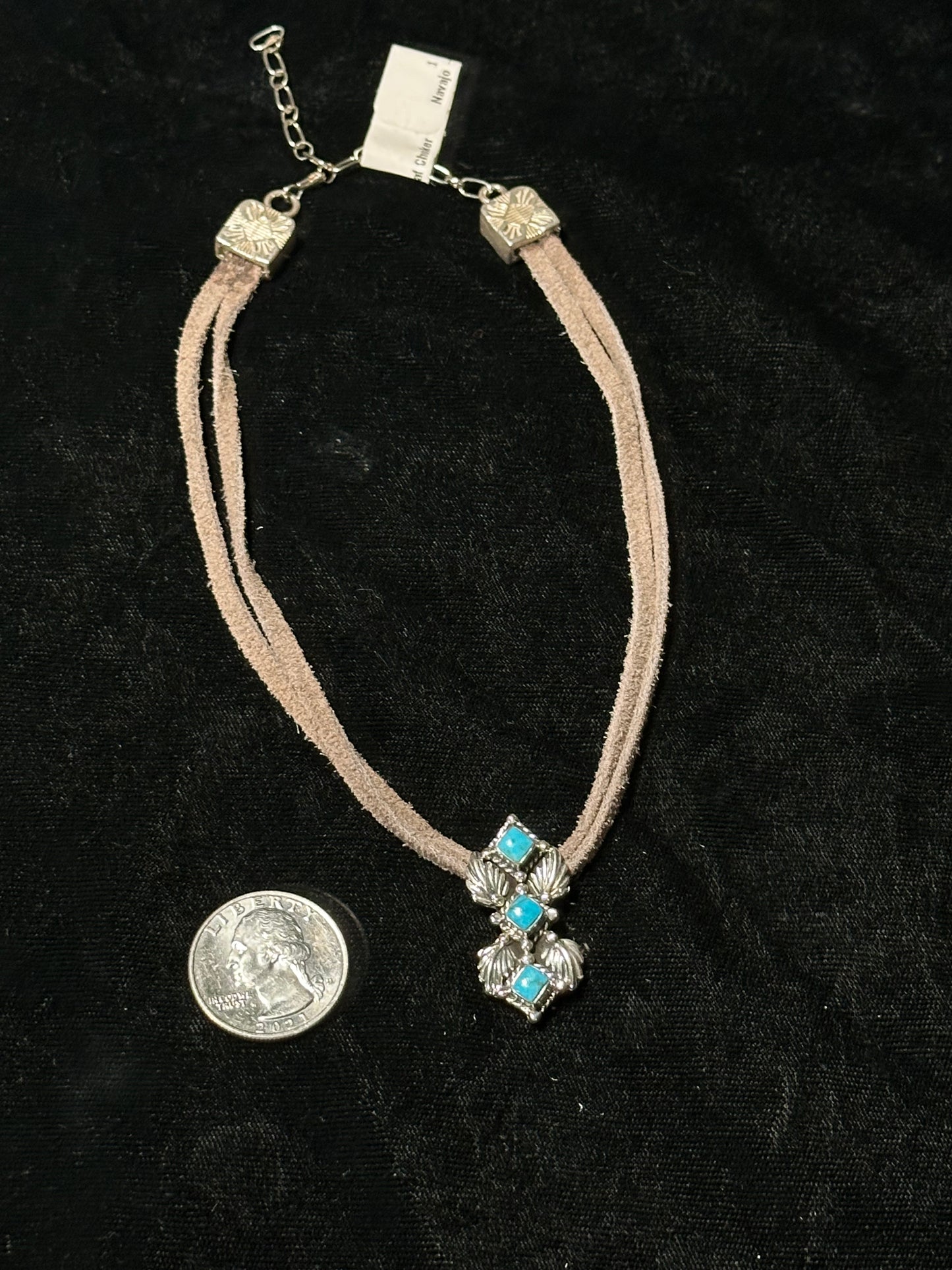 12" Suede Chain with Sleeping Beauty Turquoise Pendent by Loretta Delgarito, Navajo
