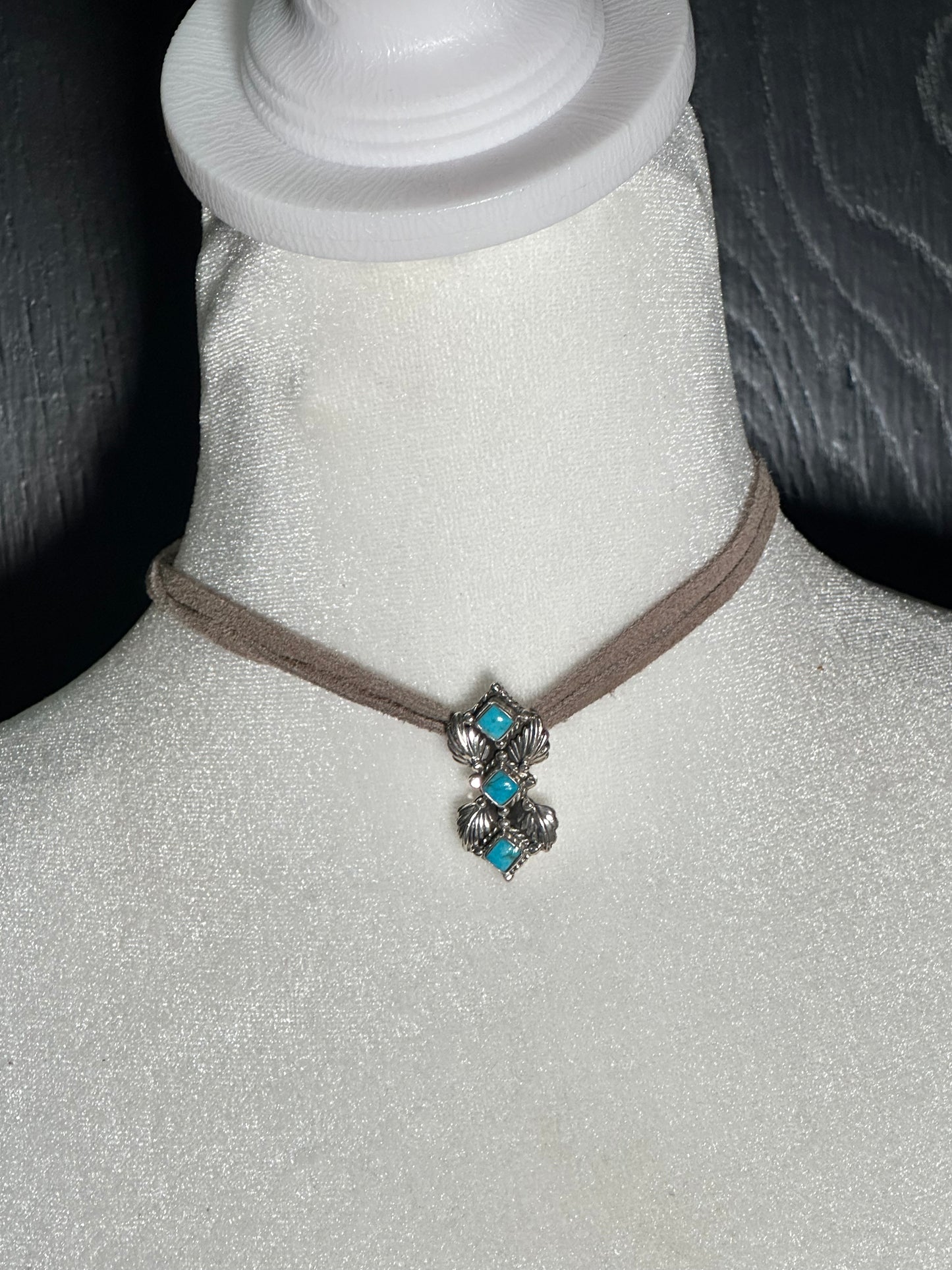 12" Suede Chain with Sleeping Beauty Turquoise Pendent by Loretta Delgarito, Navajo