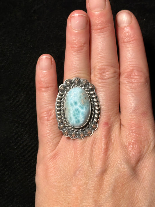 7.5 Larimar Ring by T. Nez Sr., Navajo