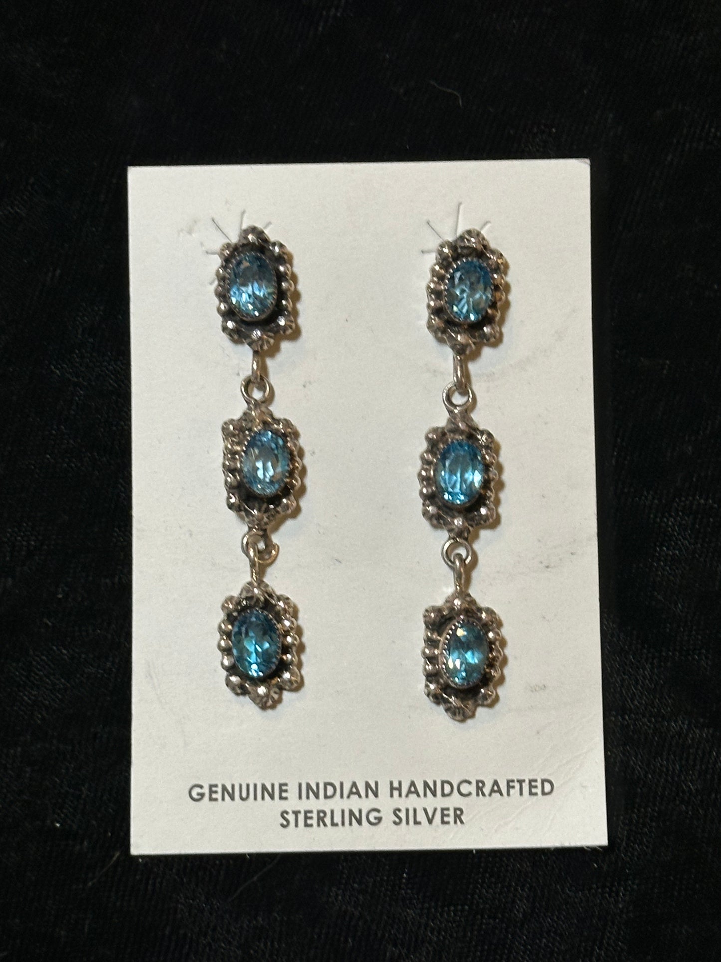 3 Stone Blue Topaz Post Dangles by Russel Sam, Navajo