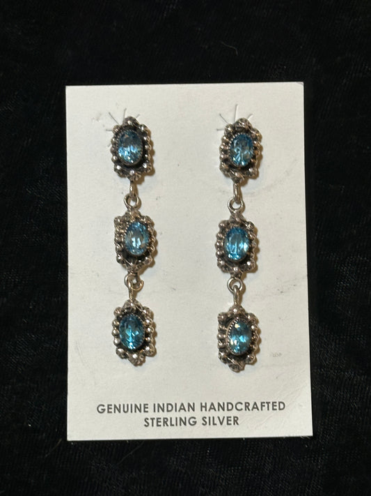 3 Stone Blue Topaz Post Dangles by Russel Sam, Navajo