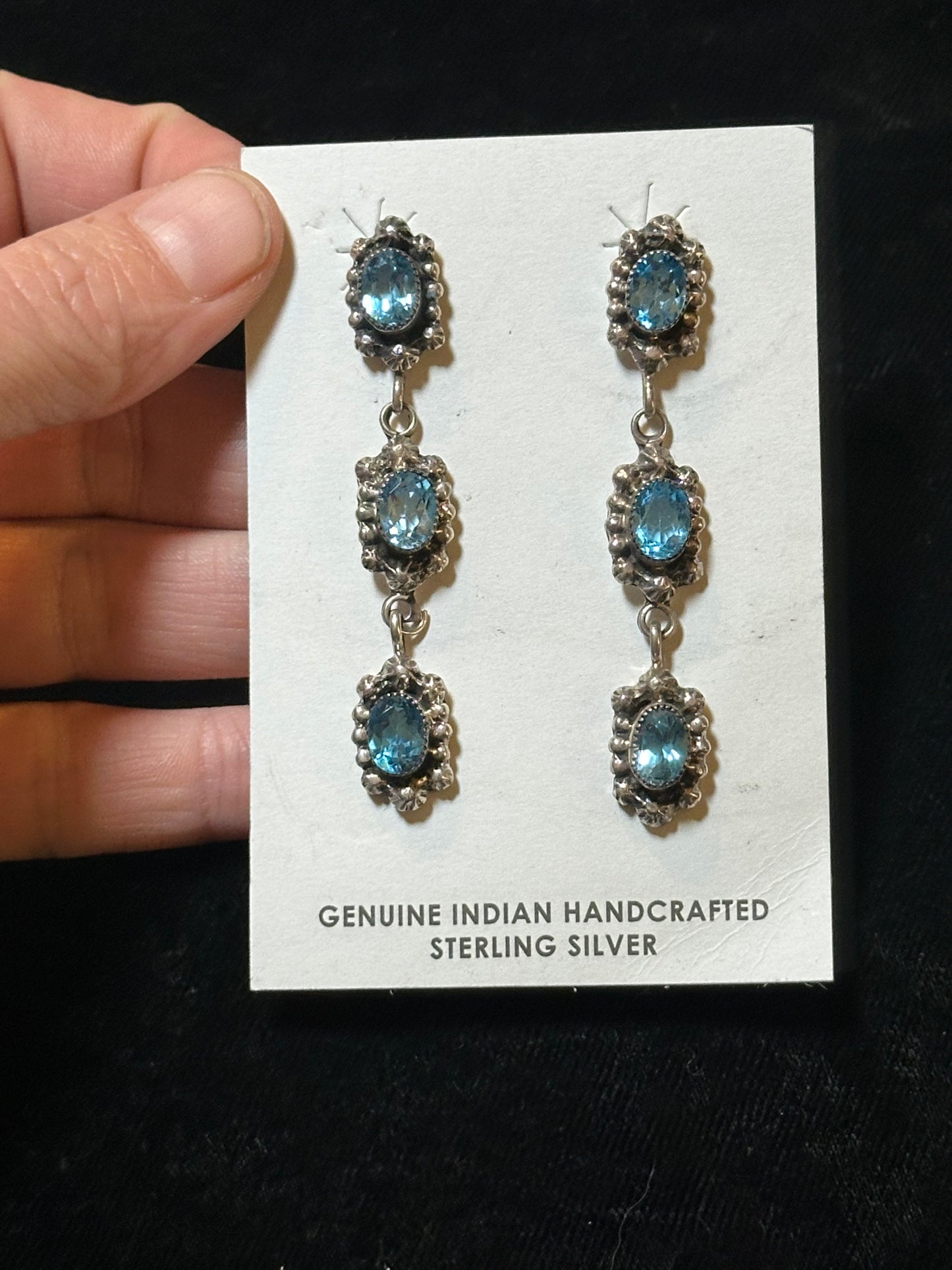 3 Stone Blue Topaz Post Dangles by Russel Sam, Navajo