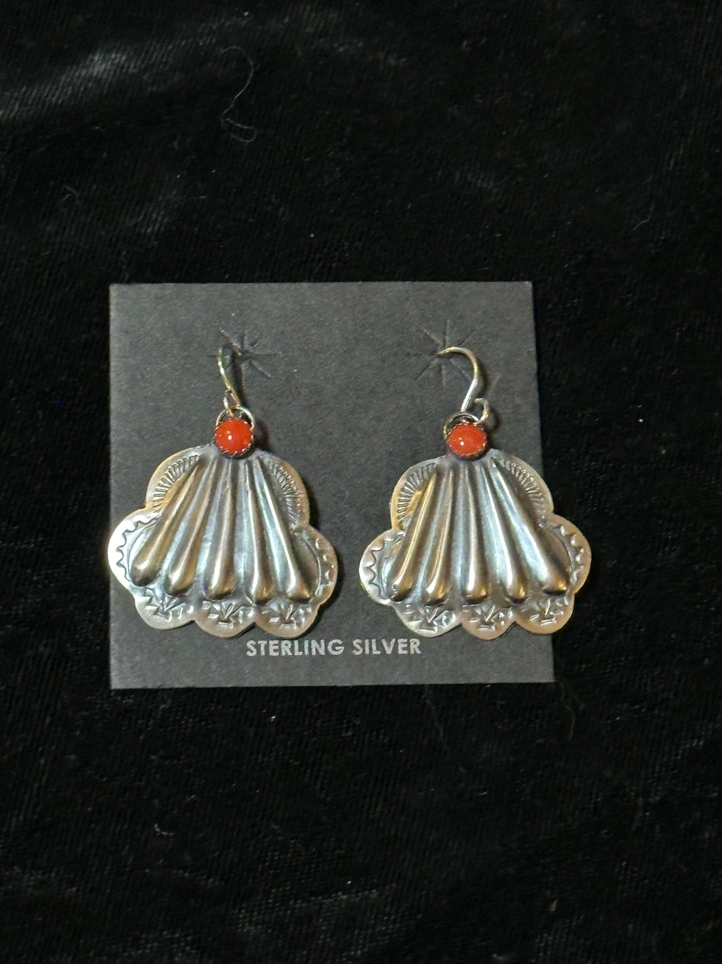 Concho and Red Coral Dangle Earrings by Rita Daye, Navajo