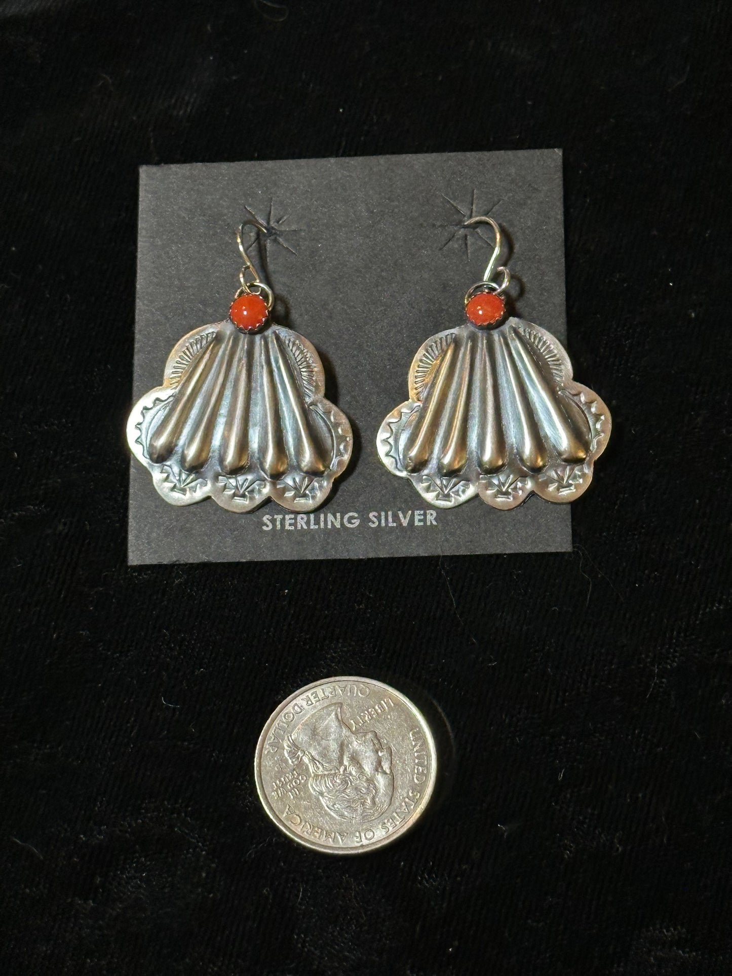 Concho and Red Coral Dangle Earrings by Rita Daye, Navajo