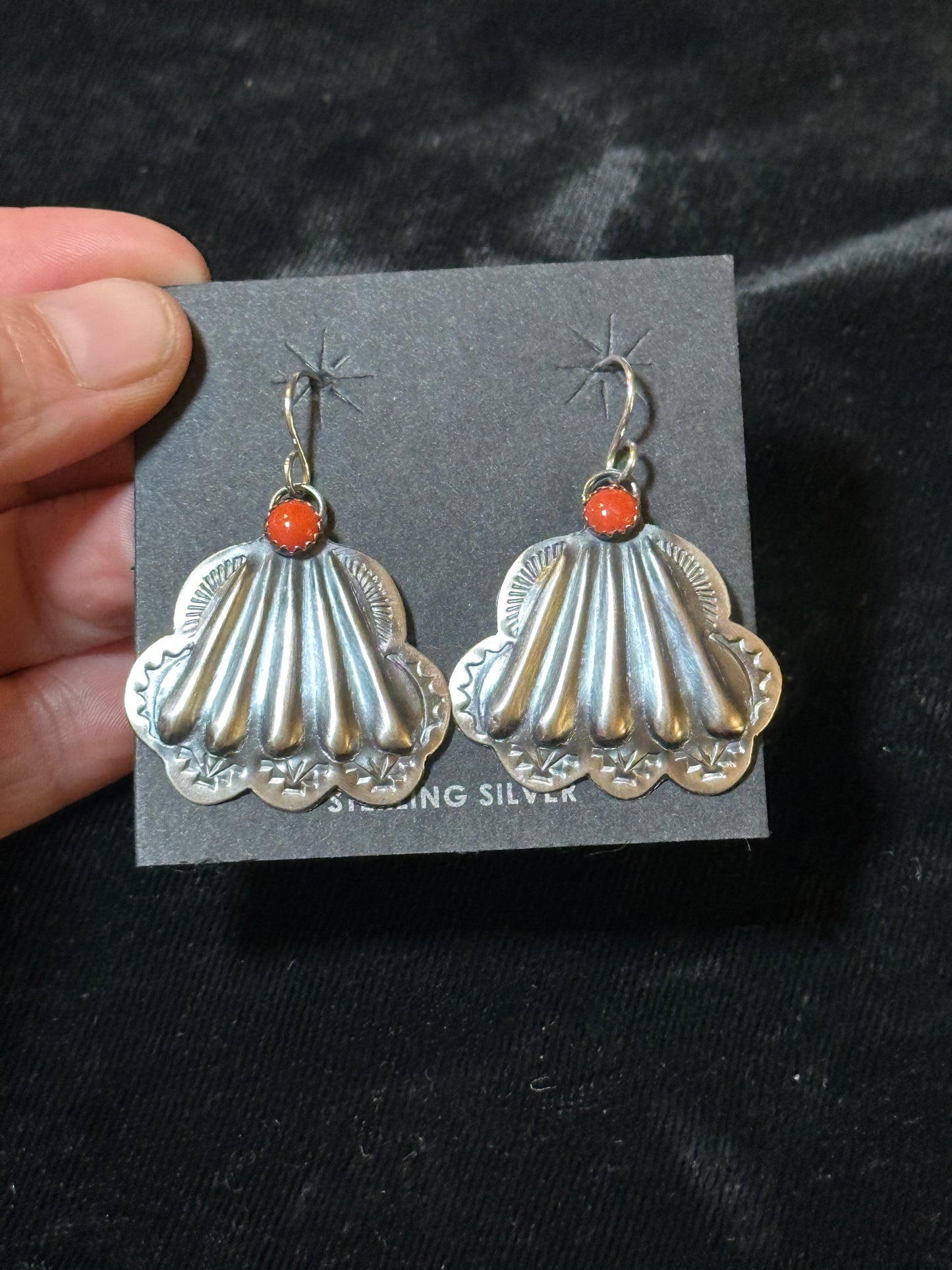 Concho and Red Coral Dangle Earrings by Rita Daye, Navajo