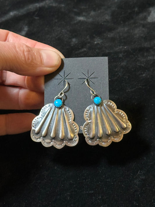 Concho and Sleeping Beauty Turquoise Hook Dangle Earrings by Rita Daye, Navajo