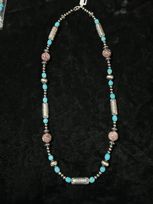 26" Sleeping Beauty Turquoise Nuggets, 15mm Charoite Beads, and 10.5mm Stamped Barrel Beads