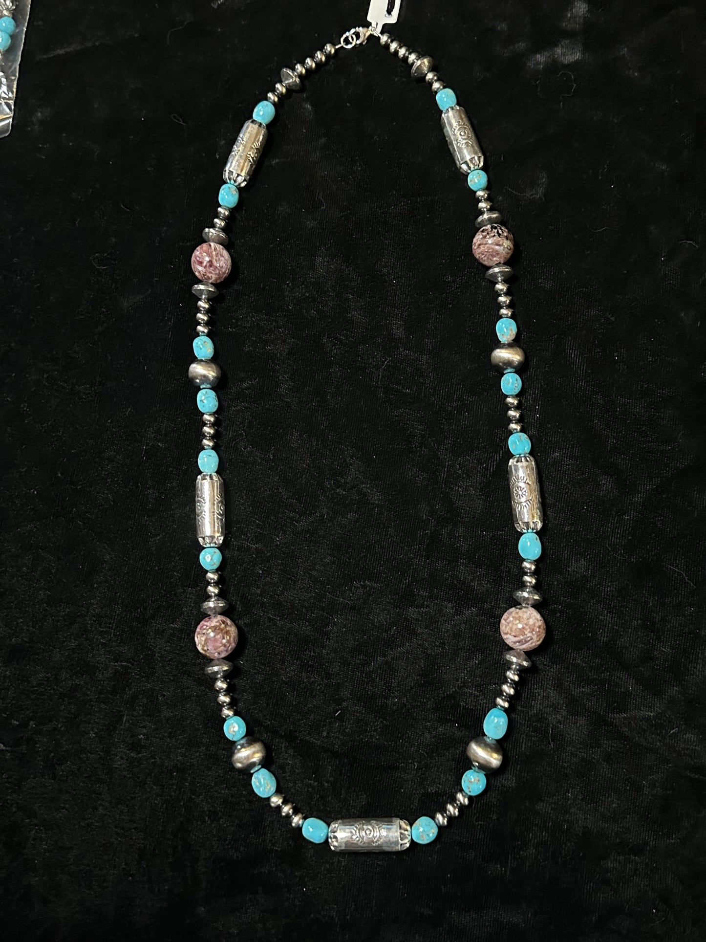 26" Sleeping Beauty Turquoise Nuggets, 15mm Charoite Beads, and 10.5mm Stamped Barrel Beads & Navajo Style Pearls