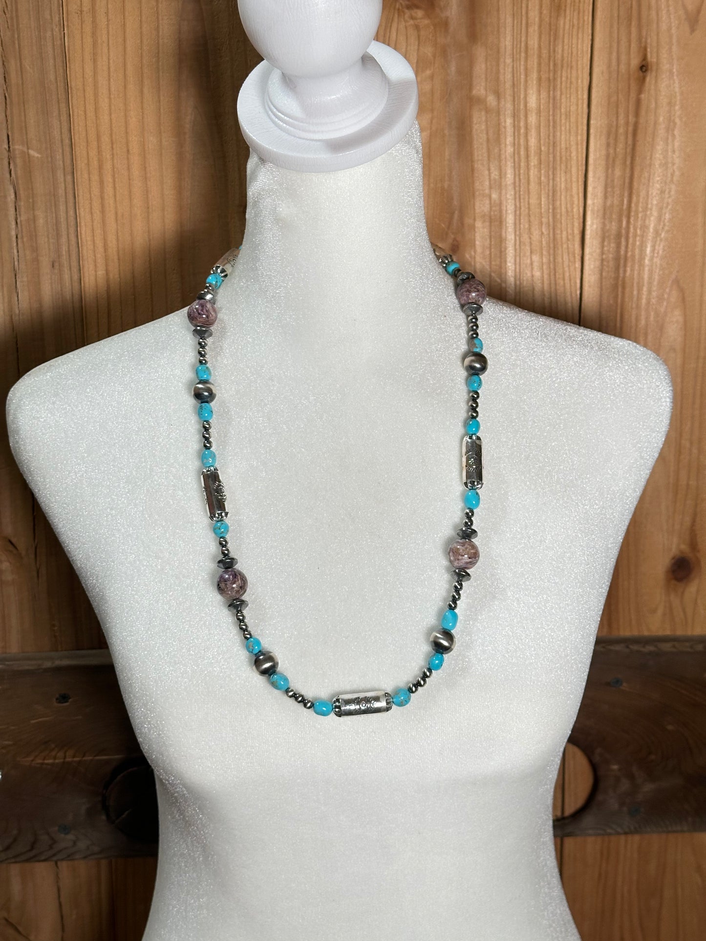 26" Sleeping Beauty Turquoise Nuggets, 15mm Charoite Beads, and 10.5mm Stamped Barrel Beads & Navajo Style Pearls