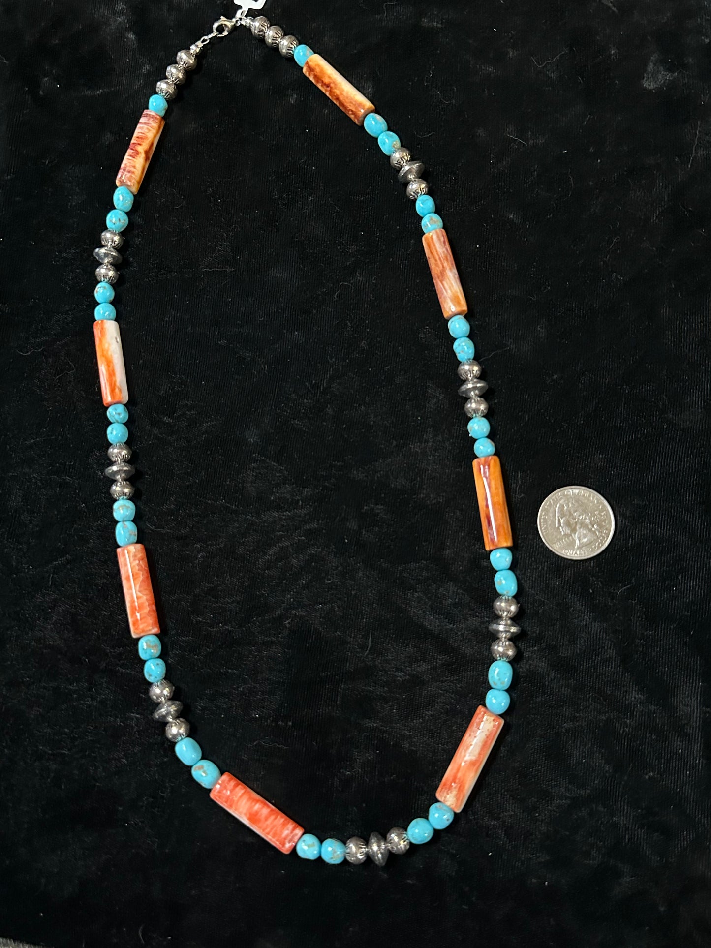28" Spiny Oyster Shell and Natural Sleeping Beauty Turquoise Nuggets with Stamped Navajo Style PearlsStyle Pearls