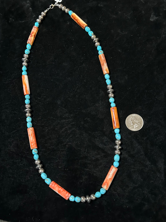 28" Spiny Oyster Shell and Natural Sleeping Beauty Turquoise Nuggets with Stamped Navajo Style PearlsStyle Pearls