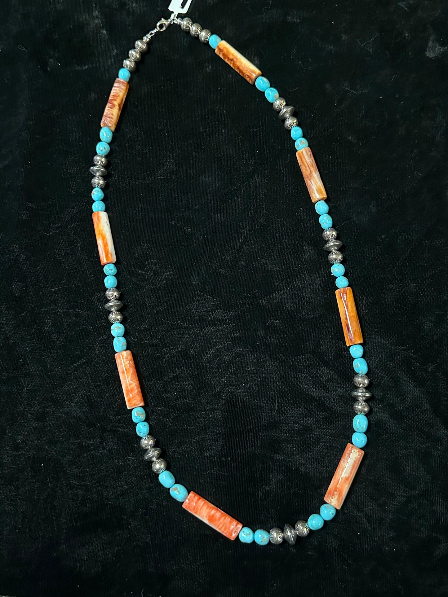 28" Spiny Oyster Shell and Natural Sleeping Beauty Turquoise Nuggets with Stamped Navajo Style PearlsStyle Pearls
