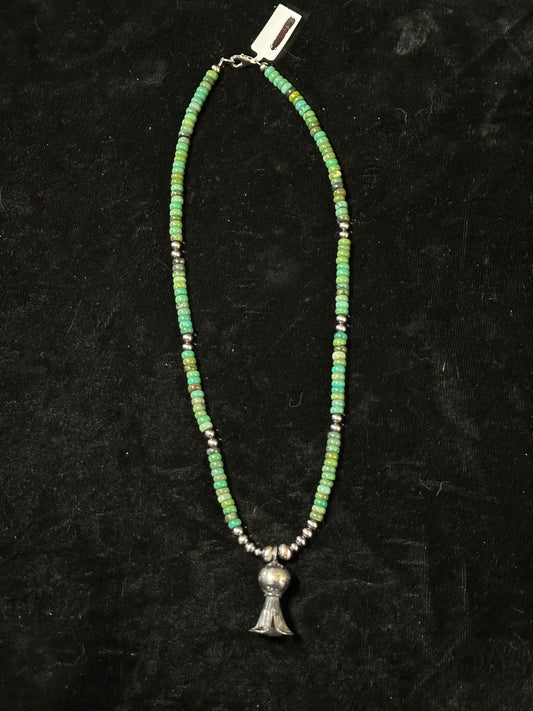 18" Nevada Green Turquoise Necklace and Navajo Pearls with a Sterling Silver Blossom
