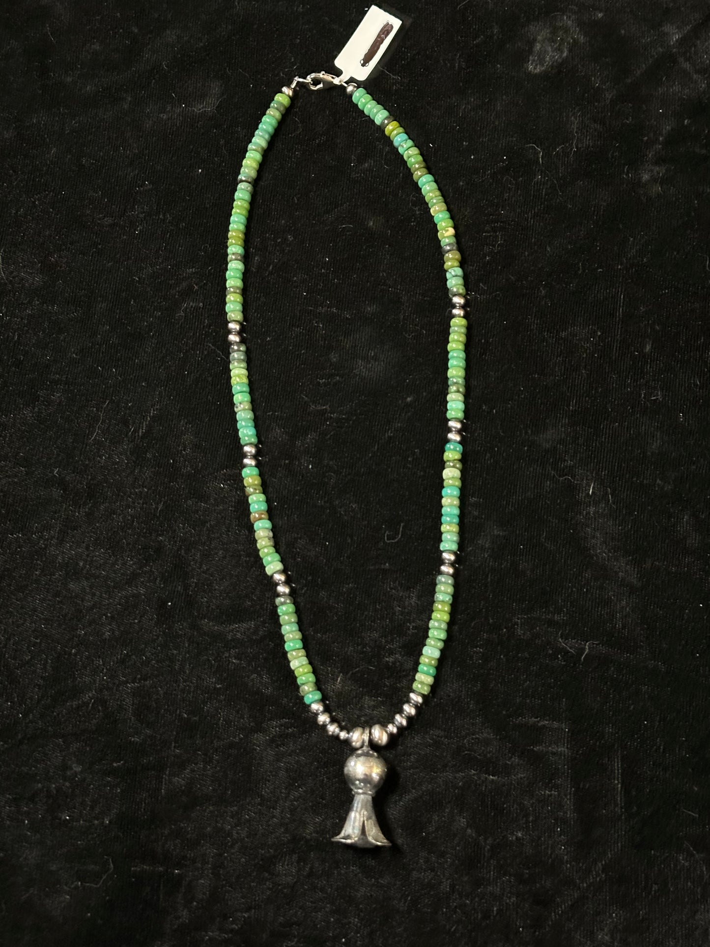 18" Nevada Green Turquoise Necklace and Navajo Pearls with a Sterling Silver Blossom