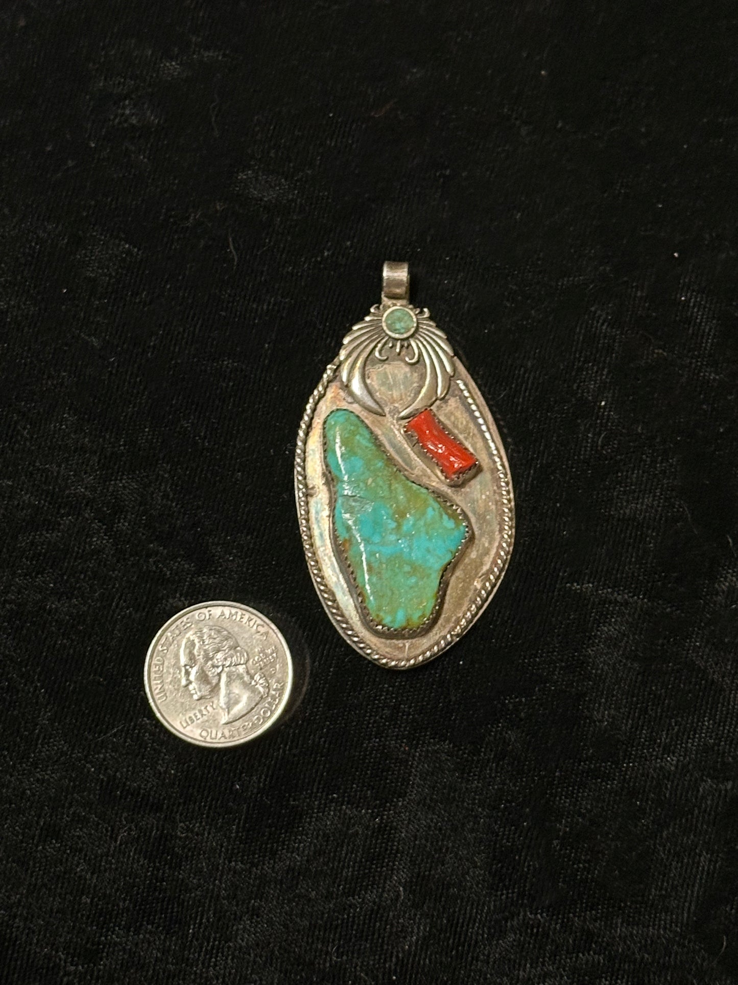 Vintage Red Coral and Kingman Turquoise Pendant