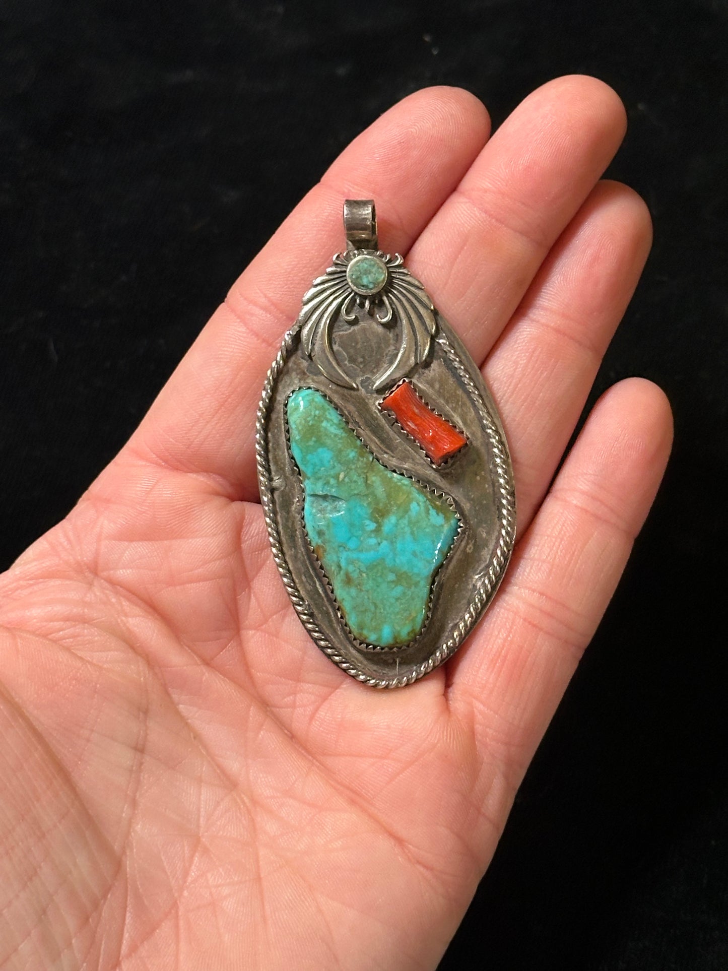 Vintage Red Coral and Kingman Turquoise Pendant