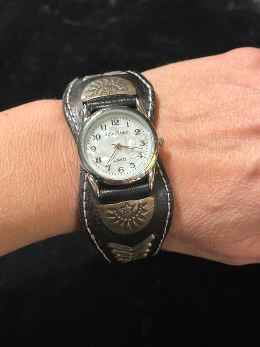 Black Leather and Sterling Silver Wristwatch