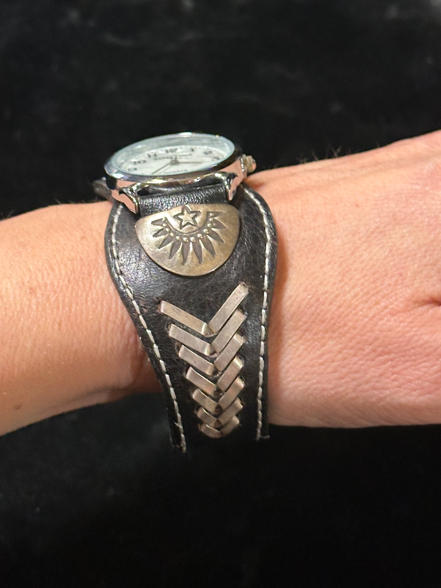 Black Leather and Sterling Silver Wristwatch