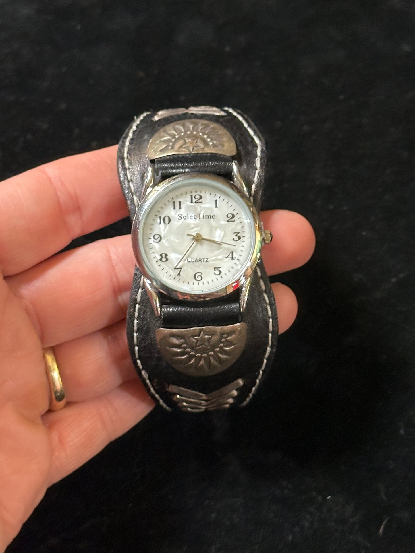 Black Leather and Sterling Silver Wristwatch