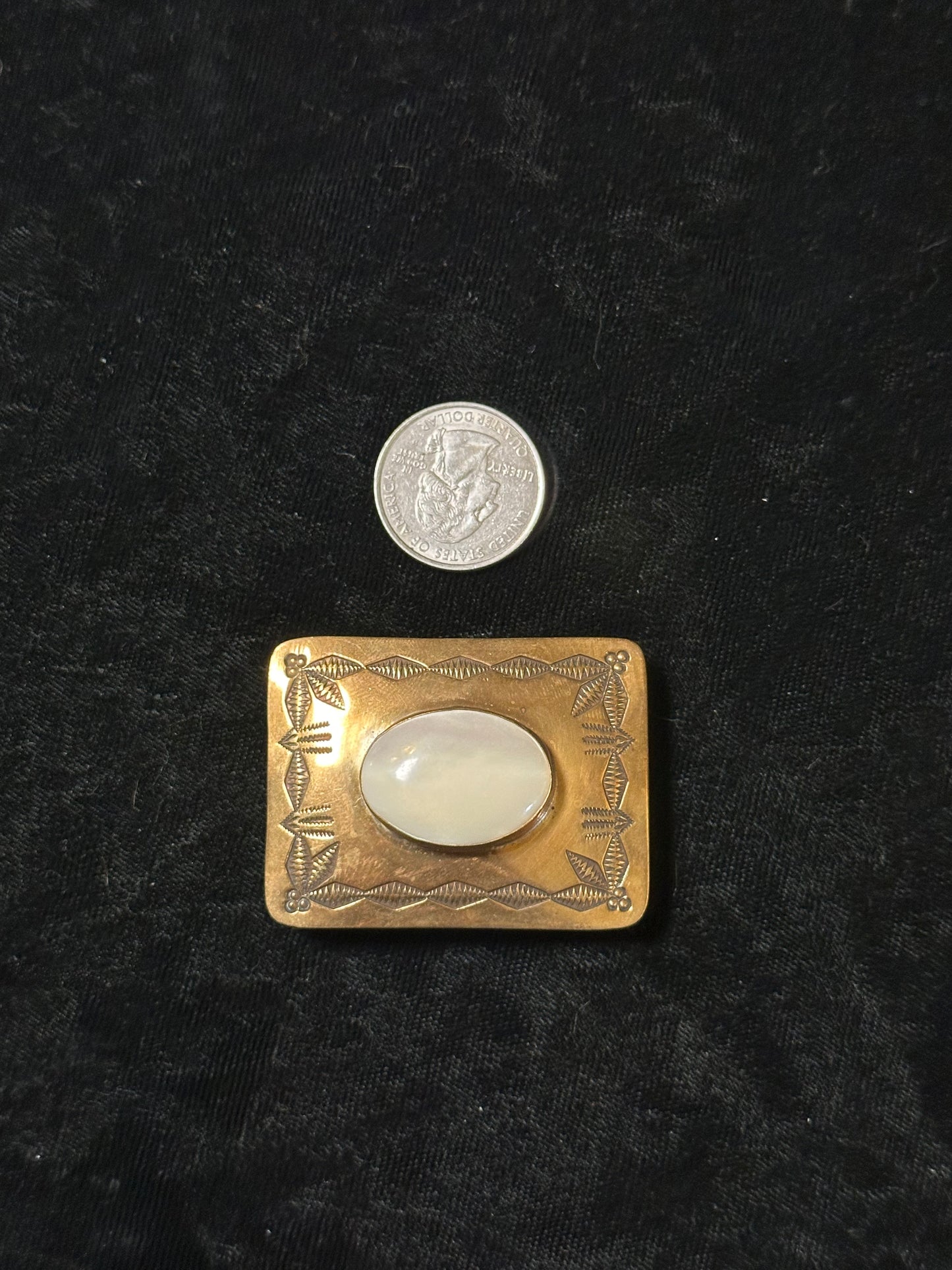 Brass Belt Buckle with Mother of Pearl by R. Platero, Navajo