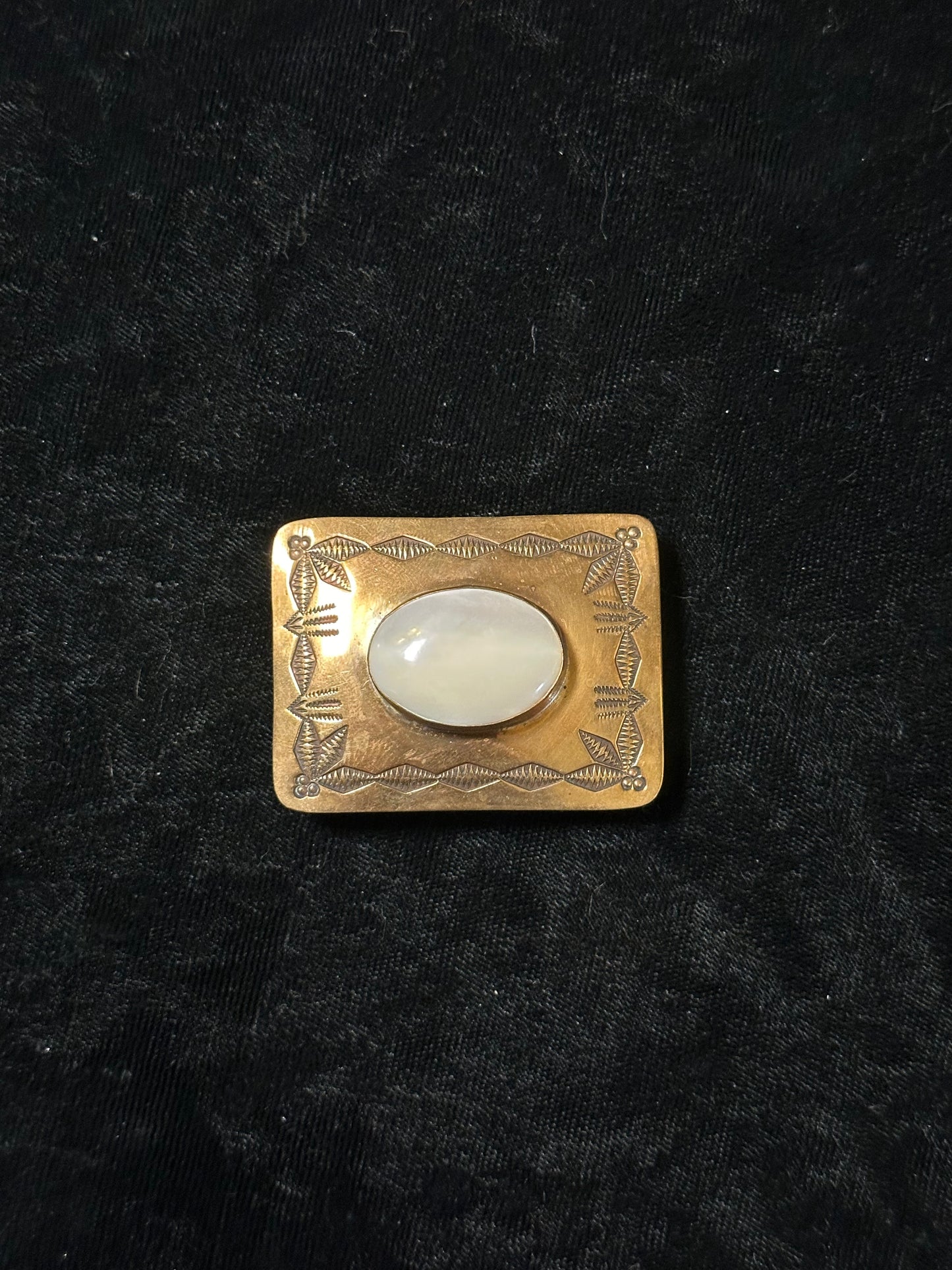 Brass Belt Buckle with Mother of Pearl by R. Platero, Navajo