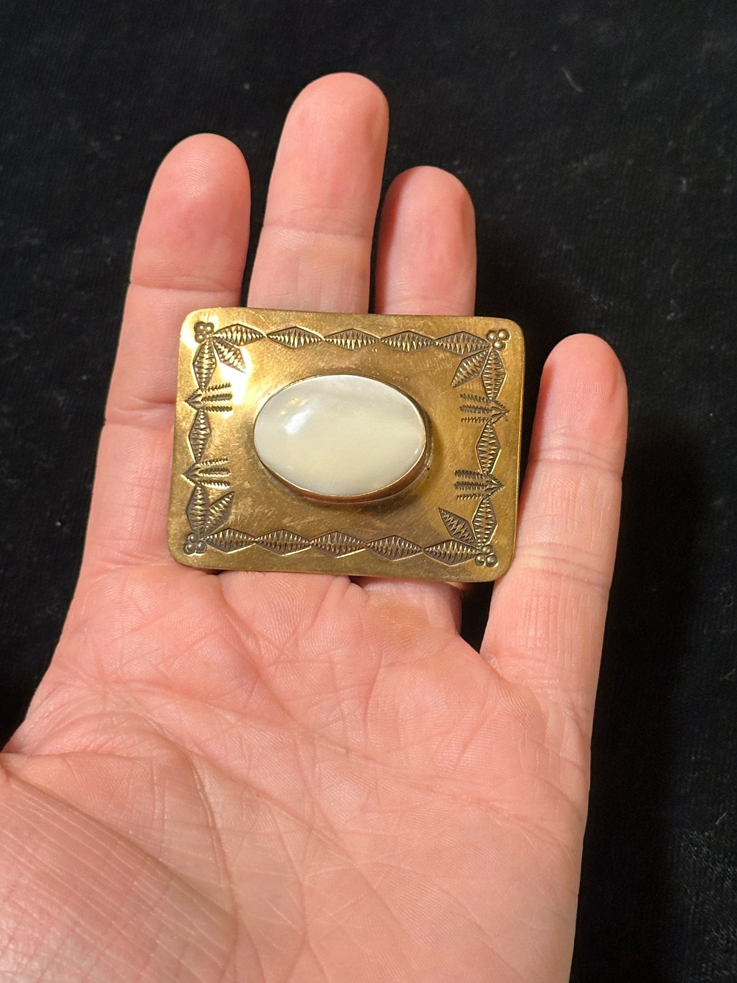 Brass Belt Buckle with Mother of Pearl by R. Platero, Navajo