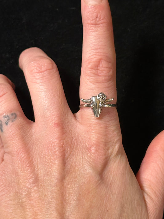 Sterling Silver Steer Head with Flower Ring