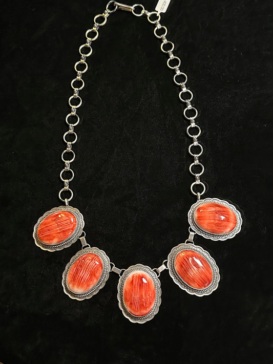26" Necklace with Spiny Oyster Stones by T. Nez, Sr, Navajo