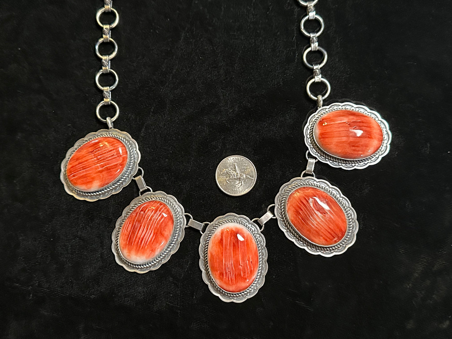 26" Necklace with Spiny Oyster Stones by T. Nez, Sr, Navajo