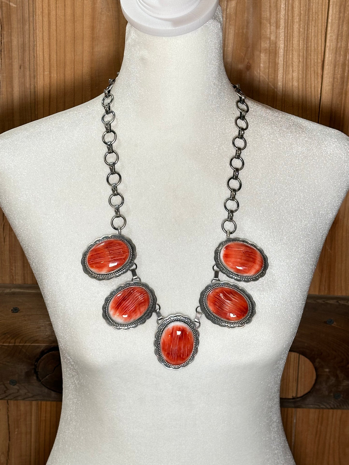 26" Necklace with Spiny Oyster Stones by T. Nez, Sr, Navajo