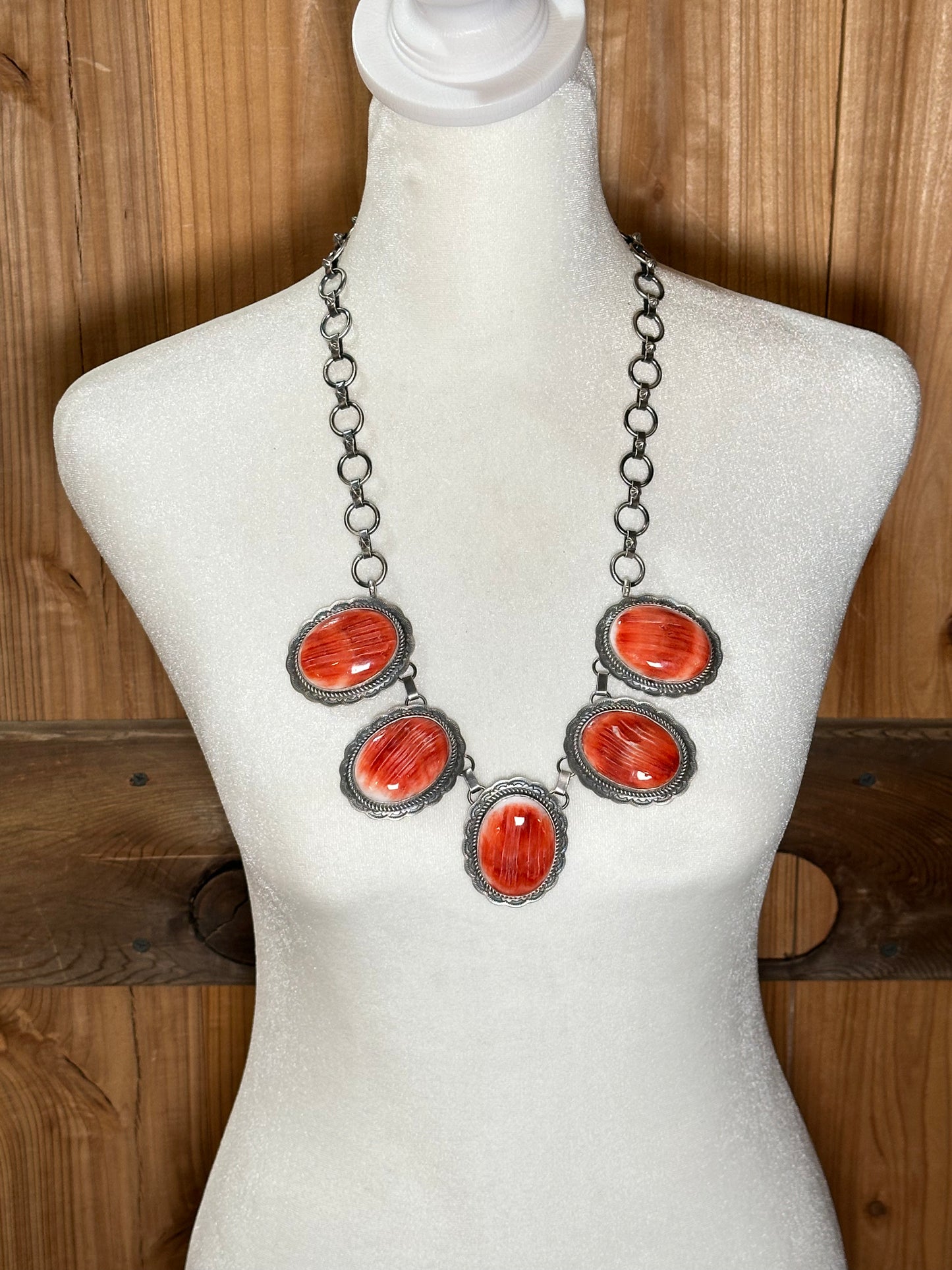26" Necklace with Spiny Oyster Stones by T. Nez, Sr, Navajo
