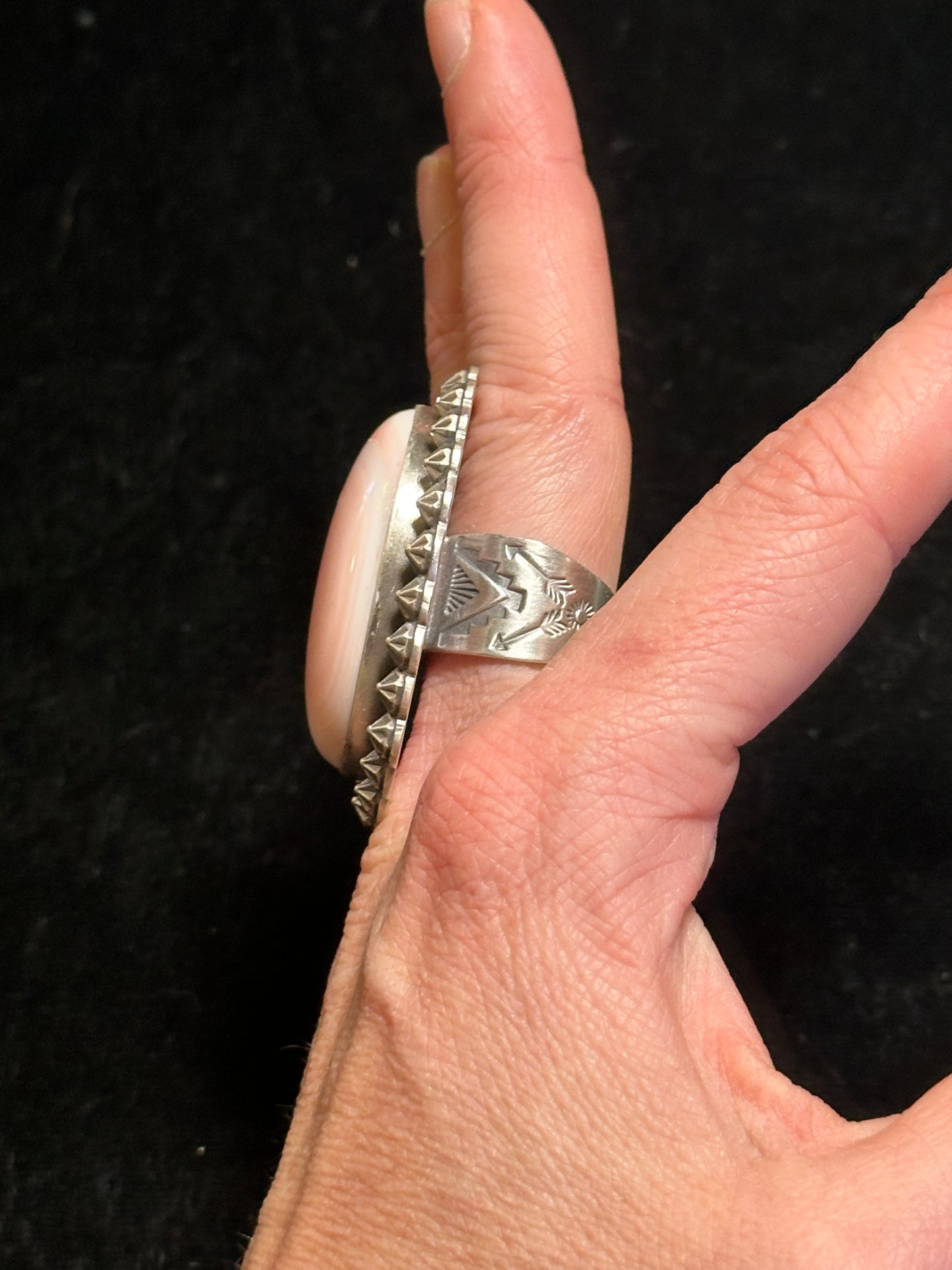 8.5 Pink Conch Shell Ring by T. Nez Sr, Navajo