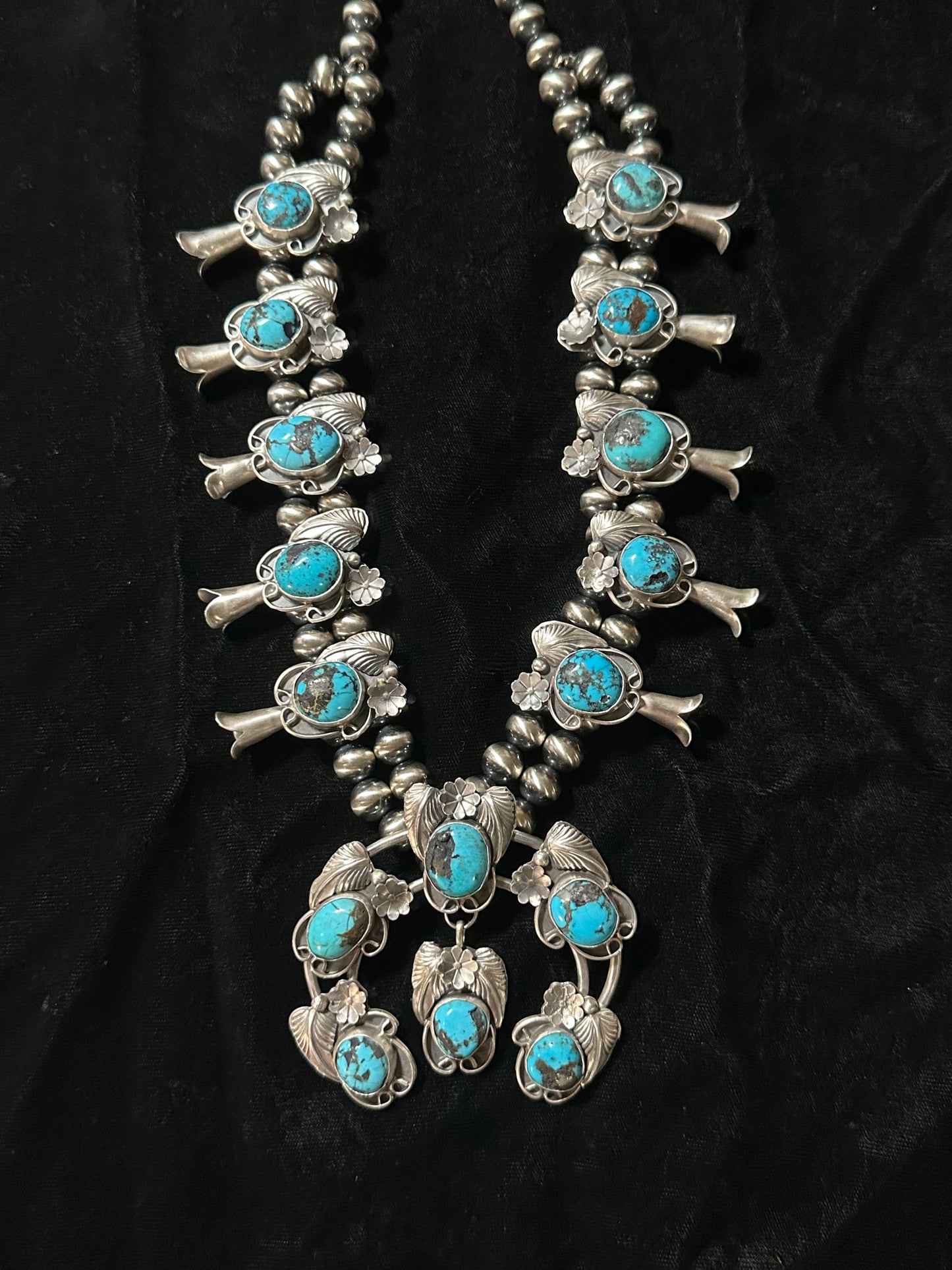 32" Egyptian Turquoise Squash Blossom by Gilbert Nez, Navajo