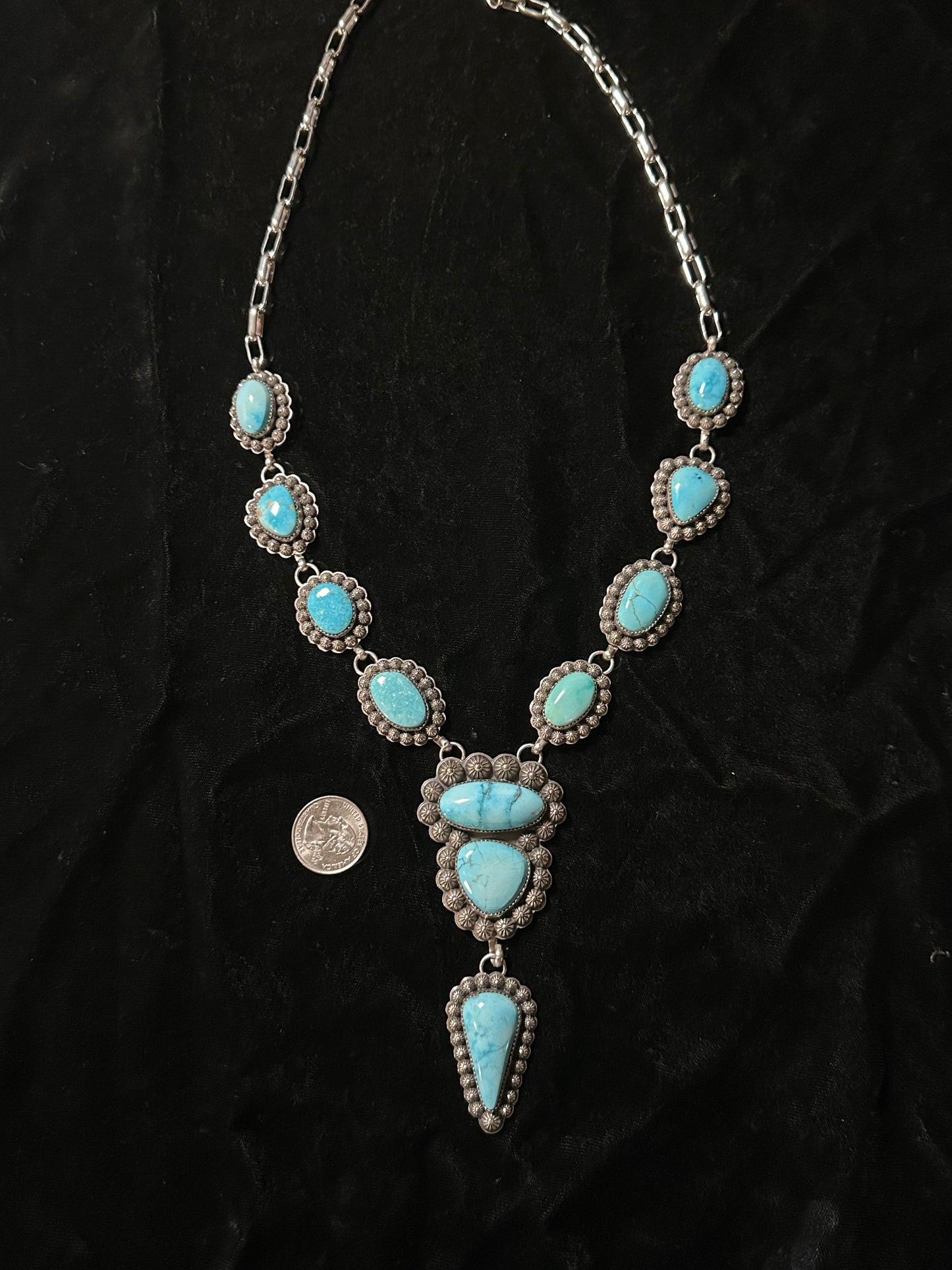 26"+ 4" Sonoran Blue Turquoise Lariat by Calvin Delgarito, Navajo