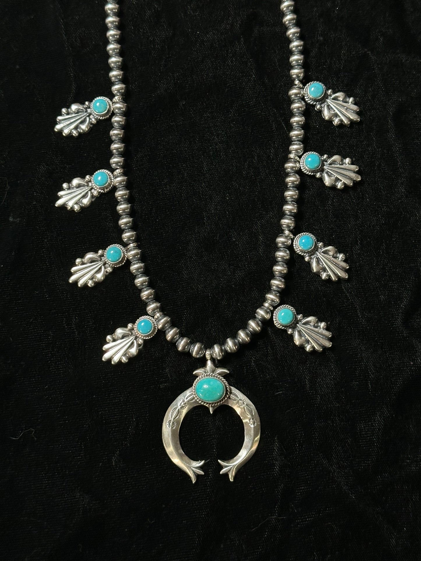 18" Kingman Turquoise Squash Blossom by Bobby Platero, Navajo