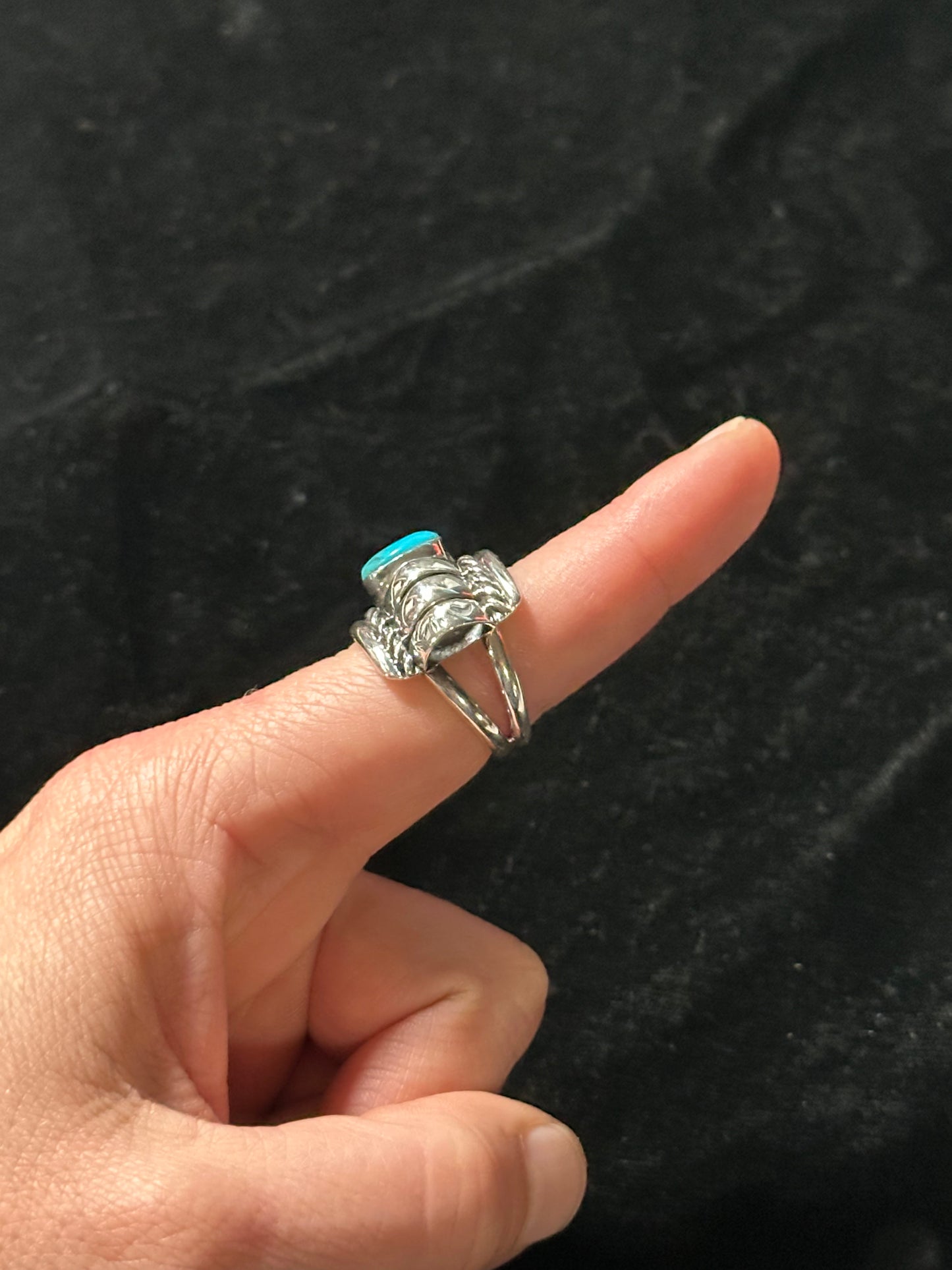 Sterling Silver and Kingman Turquoise Lobster Tail Ring by Manuel Jackson, Navajo